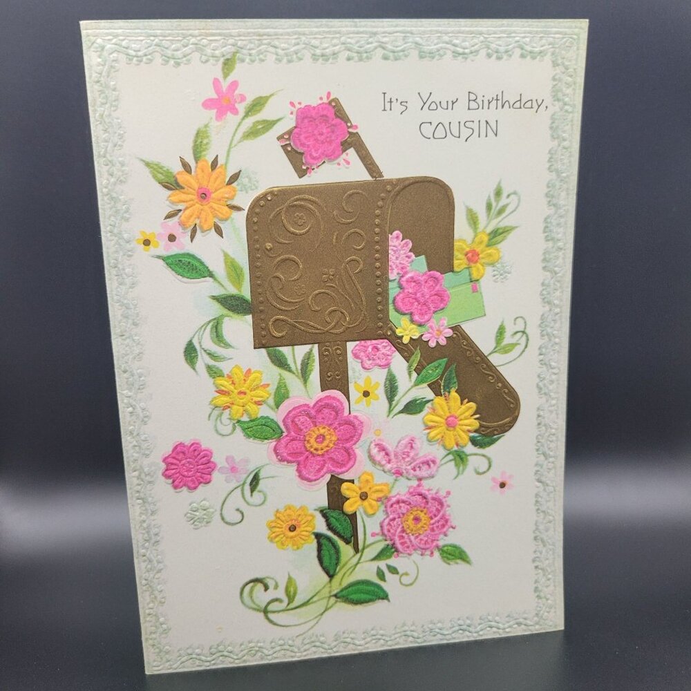 Birthday Card For Cousin With Floral Embossed‎ Mailbox Design Unused